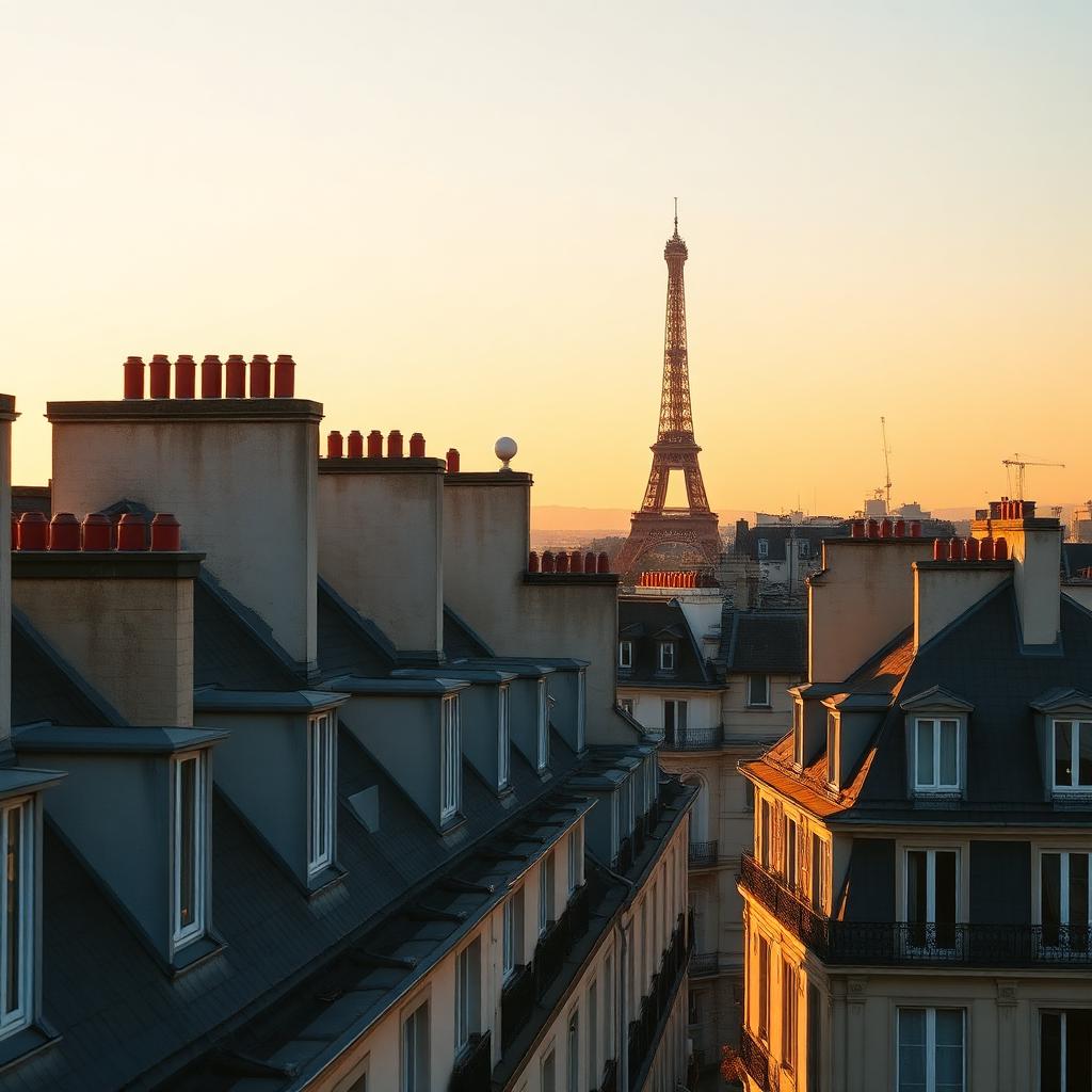 Paris rooftops at golden hour with the Eiffel Tower in the distance